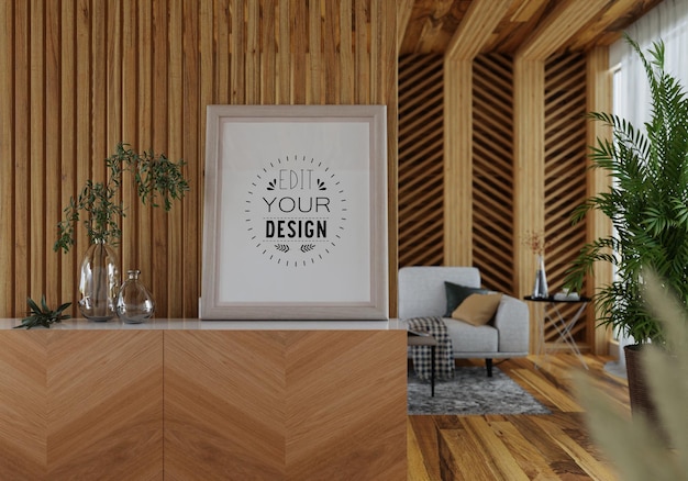 Marco de póster en salón psd mockup