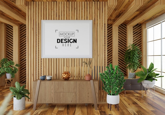 Marco de póster en salón psd mockup