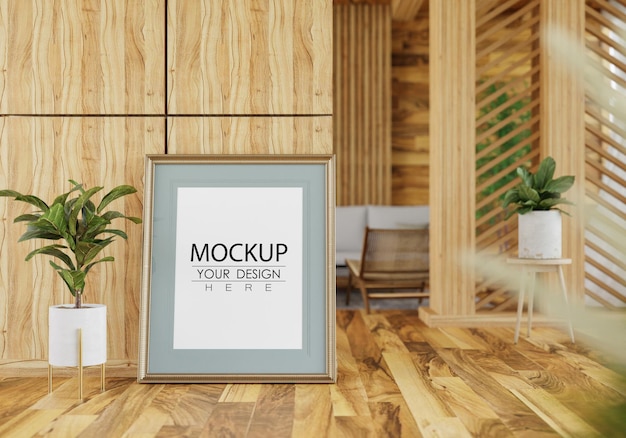 Marco de póster en salón psd mockup