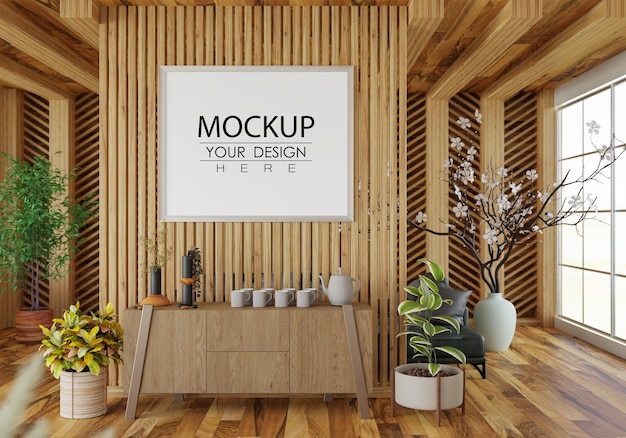 Marco de póster en salón psd mockup