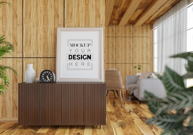 Marco de póster en salón psd mockup