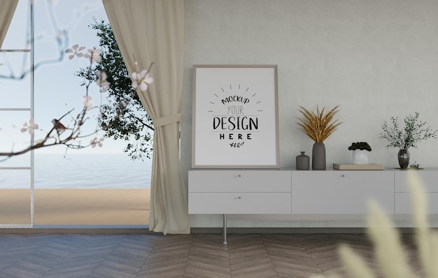 Marco de póster en salón psd mockup