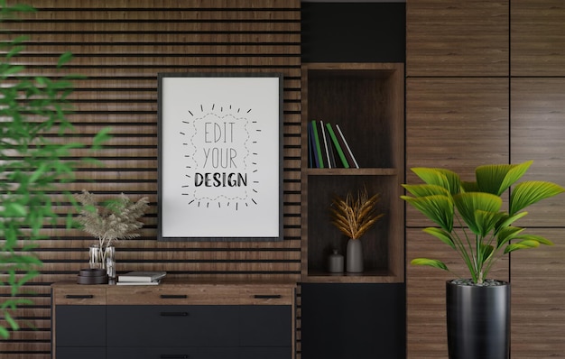 Marco de póster en salón psd mockup