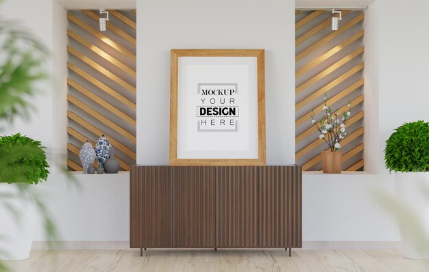 Marco de póster en salón psd mockup