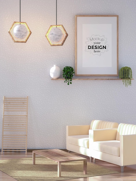 Marco de póster en salón psd mockup