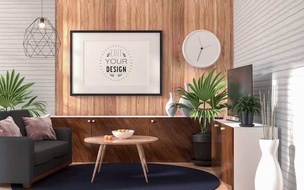 Marco de póster en salón psd mockup