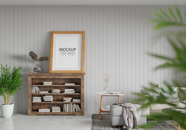 Marco de póster en salón psd mockup