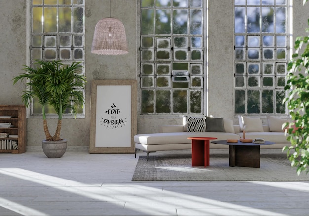 Marco de póster en salón Psd Mockup