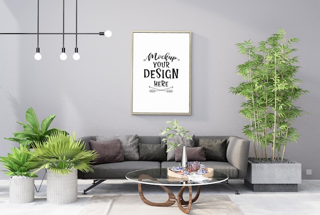 Marco de póster en salón psd mockup