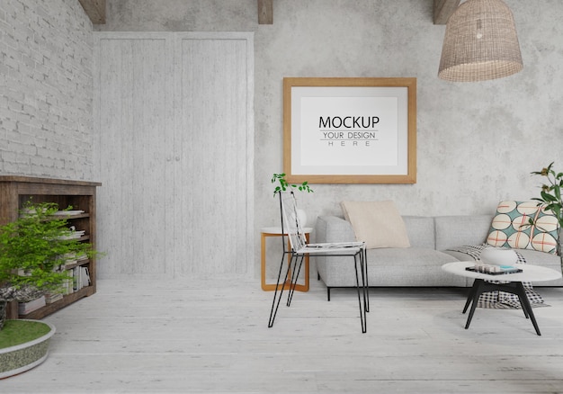 Marco de póster en salón psd mockup