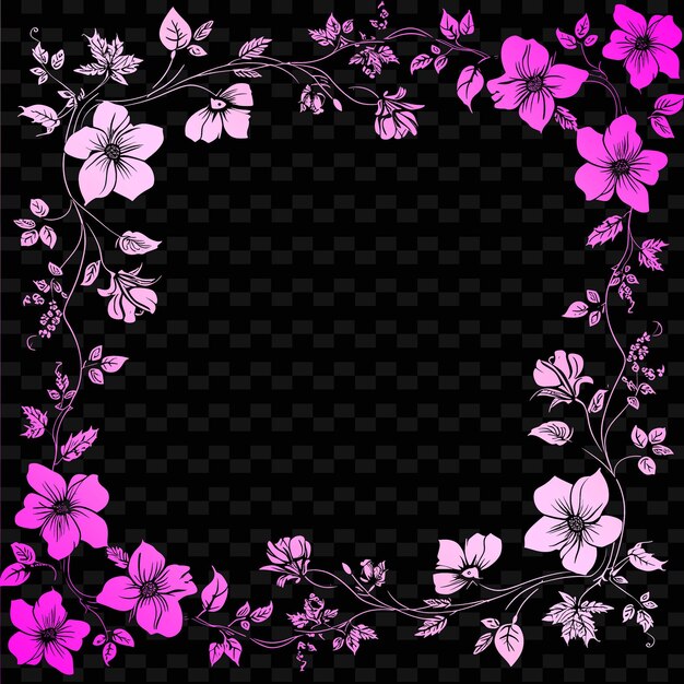 Un marco redondo con flores rosadas en un fondo negro