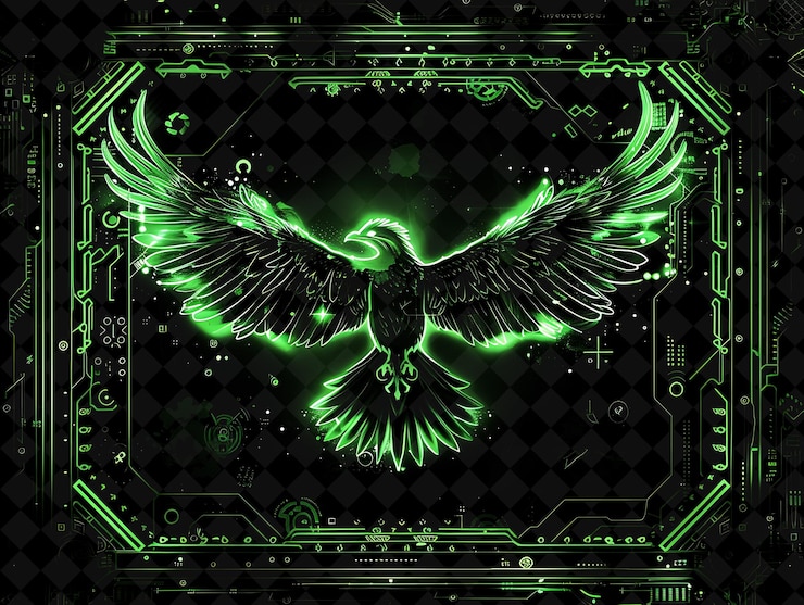 PSD marco de tubo de neón png envuelto alrededor de neo con engranajes y una forma de neón phoenix y2k en fondo oscuro