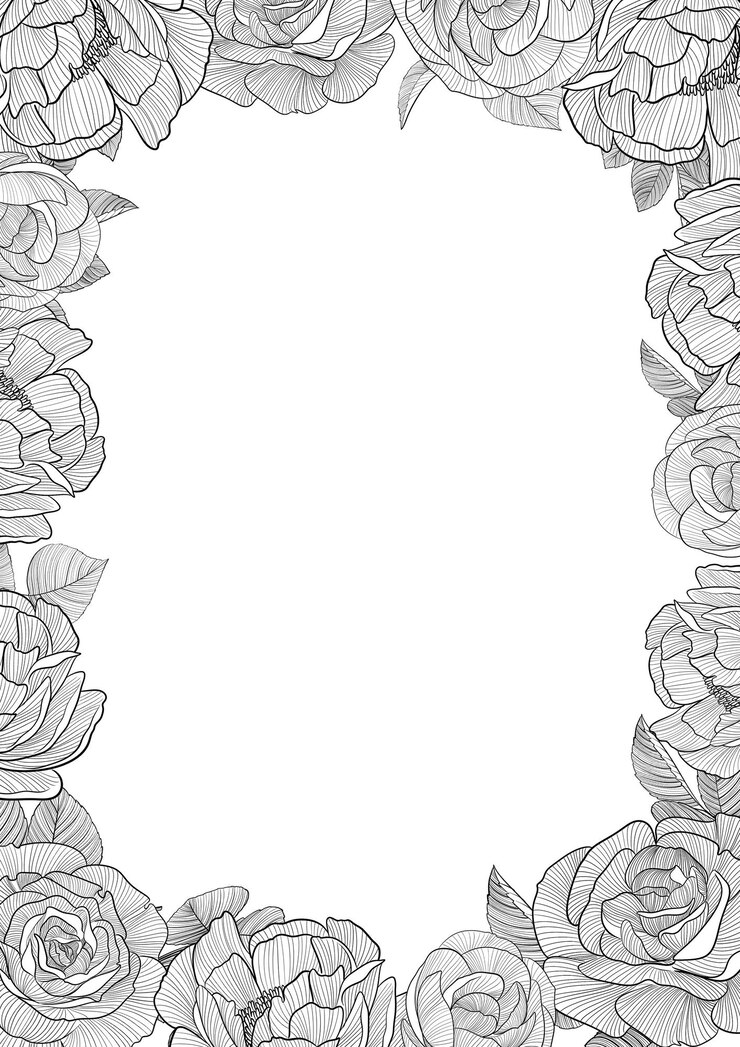 PSD marco vertical con amapolas y flores de rosa ilustración en estilo de arte de línea pintura digital