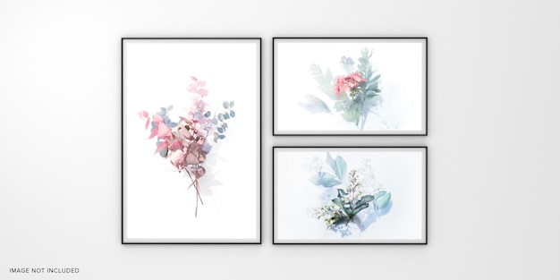 PSD marcos de fotos aislados en la pared blanca maqueta de marcos de tablero de estado de ánimo creativo representación 3d