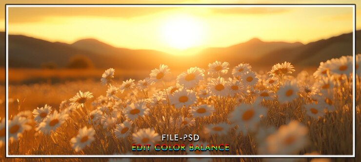 PSD des marguerites au coucher du soleil, une montagne en toile de fond.