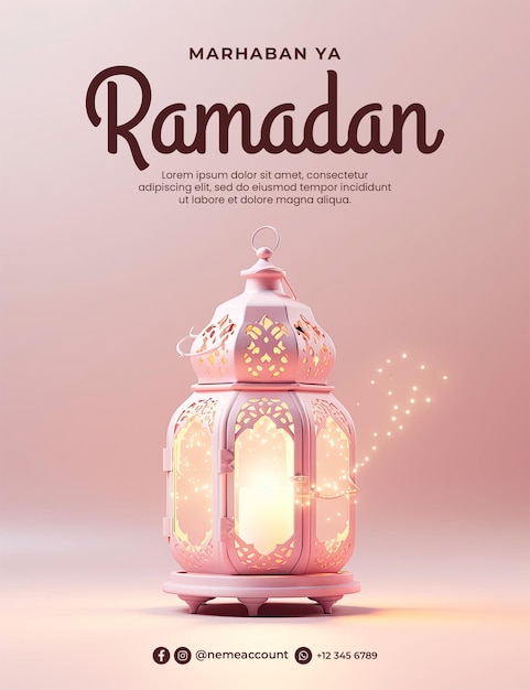 Marhaban ya ramadan poster vorlage mit auf einem rosa pastell-hintergrund eine ramadan-lampe auf dem weißen