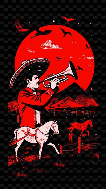 PSD mariachi trumpeter em um rodeio mexicano com cavalos e charro ilustração poster de música