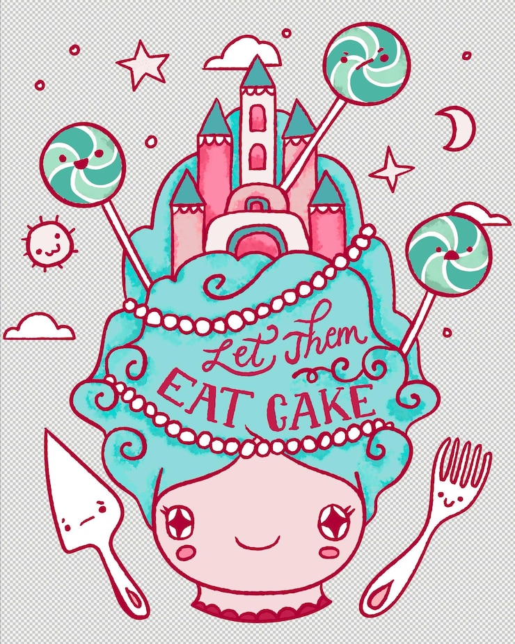 PSD marie antoinette desenhada à mão deixe-os comer torta ilustração com fundo transparente