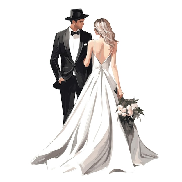 Mariée robe de mariée blanche avec marié costume noir fond transparent illustration png ai généré Happy Wedding png illustration