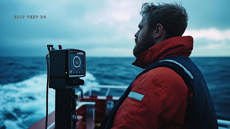 PSD un marinero en la cubierta del barco navegando con un dispositivo digital en un mar tormentoso