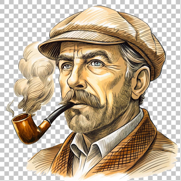 PSD marinheiro aquarelado em um boné com um cachimbo de fumo na frente de um fundo branco