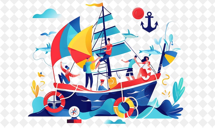 PSD marinheiro náutico com personagens navegando nos mares e pessoas de tyin png em ilustração de trabalho diário