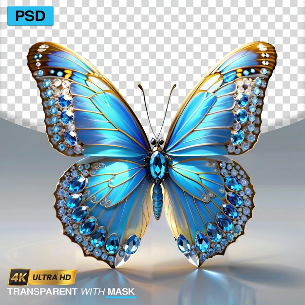 PSD mariposa azul única hecha de piedras preciosas fondo transparente tamaño de imagen súper grande 4k psd