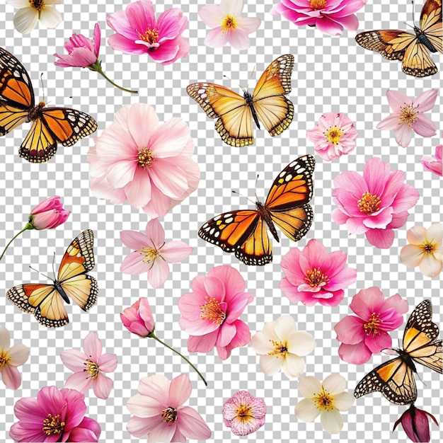 PSD mariposa y flor rosada en transparente