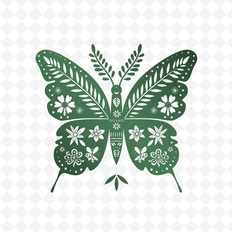 PSD una mariposa con hojas verdes y la palabra " mariposa " en la parte inferior