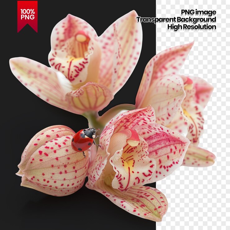 PSD una mariposa posada en un delicado fondo de flores de orquídea rosada eliminada