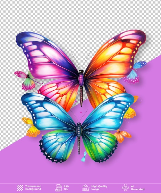 PSD mariposas de color arco iris en un fondo transparente