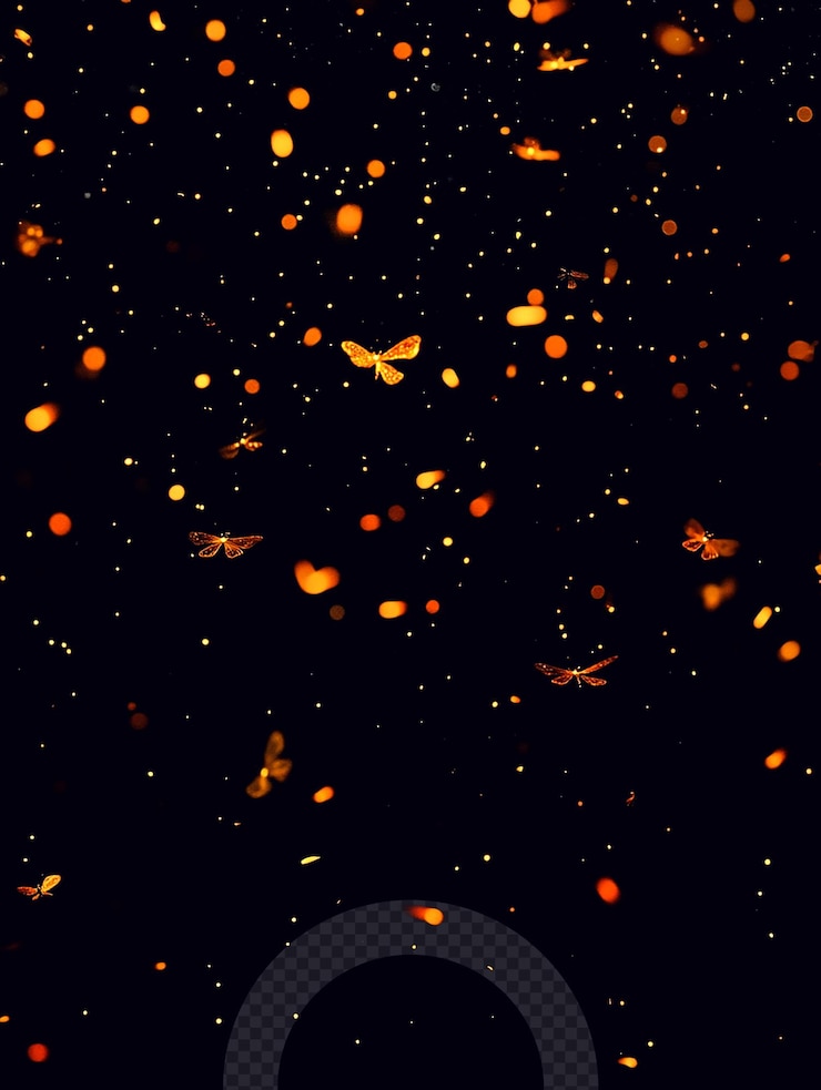 PSD las mariposas coloridas y las partículas brillantes bailan en el cielo nocturno al anochecer