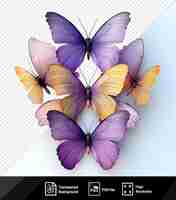 PSD mariposas hermosas en amarillo púrpura y una corona en un fondo aislado png psd