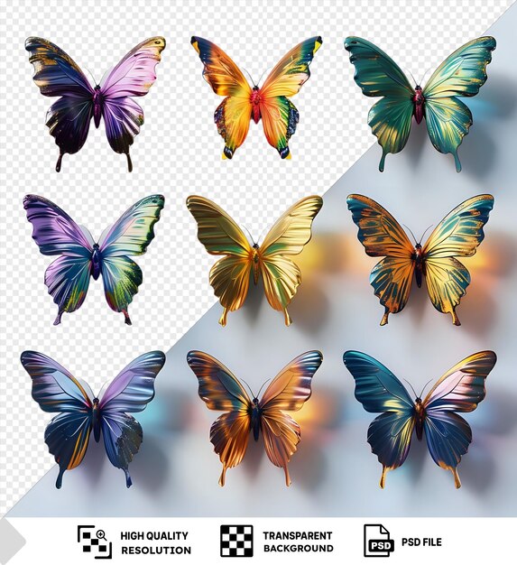 PSD mariposas iridescentes únicas aisladas en un fondo transparente con color púrpura azul amarillo