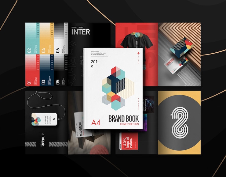 PSD markenbuch-mockup psd farben palette schriftarten gesichter t-shirt visitenkarte mobil apple macbook werbeaktionen