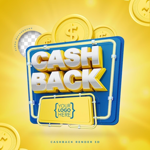 Marketing de etiqueta cashback 3d com néon, luzes e moedas