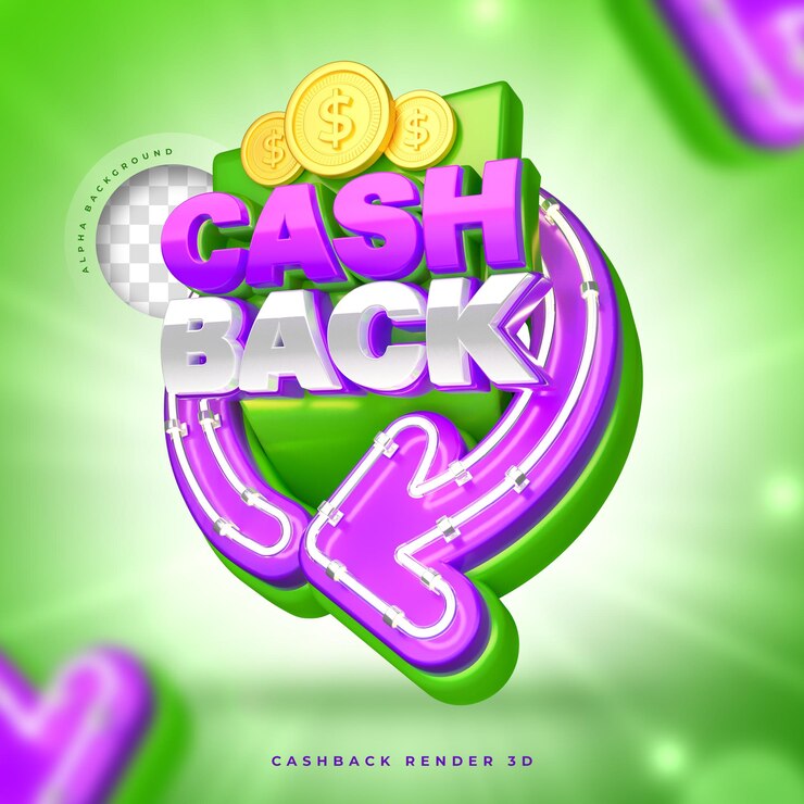 PSD marketing de etiqueta cashback 3d com néon, luzes e moedas