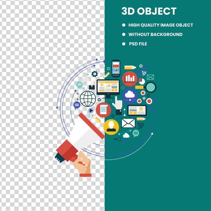 PSD marketing digital com ícones compartilhe ideias de marketing planejar conceitos de pesquisa estratégia de gestão