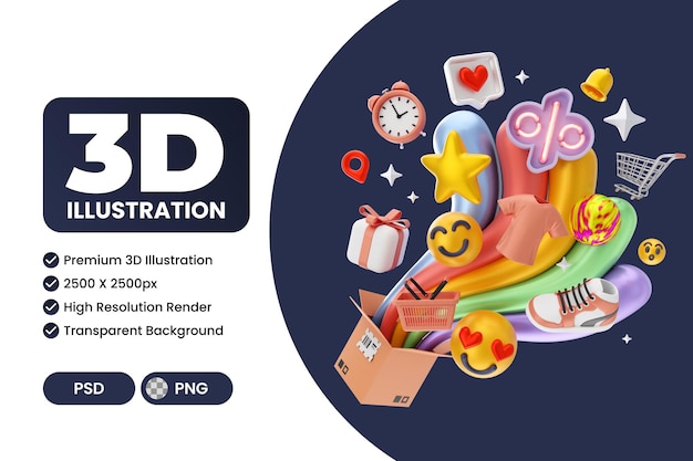 PSD marketing digital e vendas de comércio eletrônico com renderização impressionante de ilustrações 3d