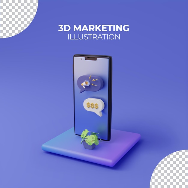 Marketingkonzept mit Chatblasen auf 3D-Rendering-Smartphone