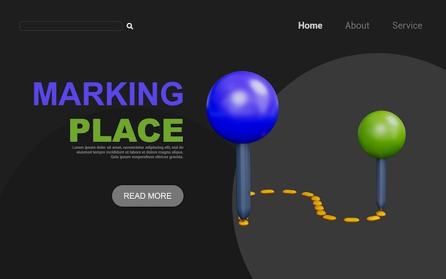 Markierungszeichen auf dunklem Hintergrund 3D-Renderkonzept zur Markierung von Platzhaltern, die den Standort finden
