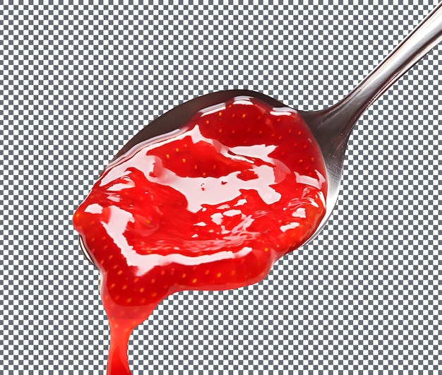 Marmelada de morango fresca em colher para anúncios isolados sobre um fundo transparente