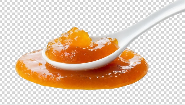 PSD marmelada de naranja en una cuchara sobre un fondo transparente aislado