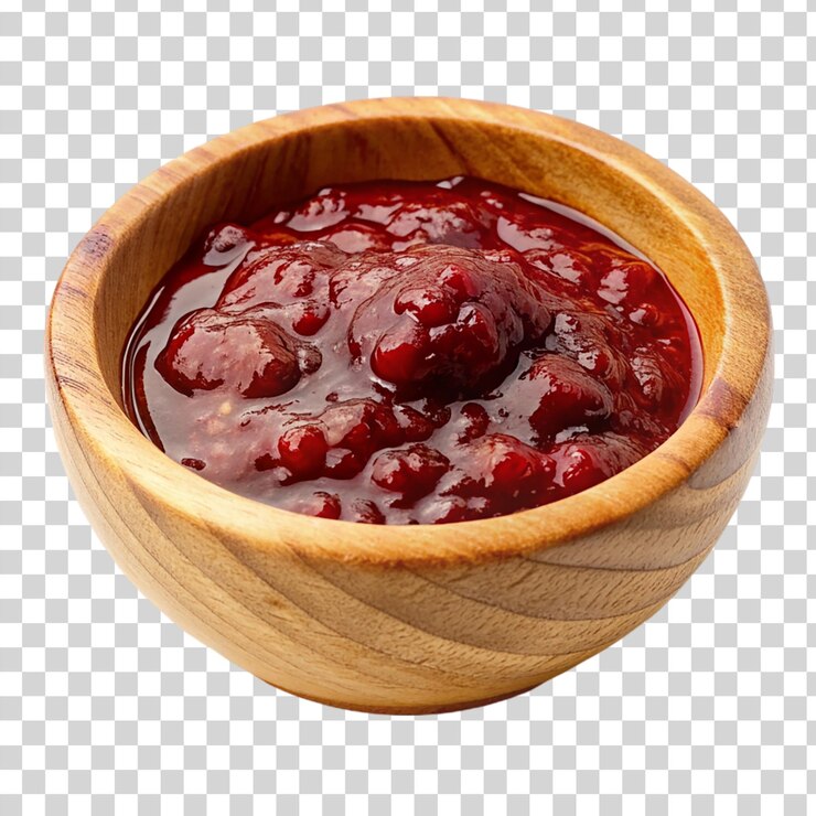 PSD marmellata rossa su una ciotola di legno isolata su uno sfondo trasparente