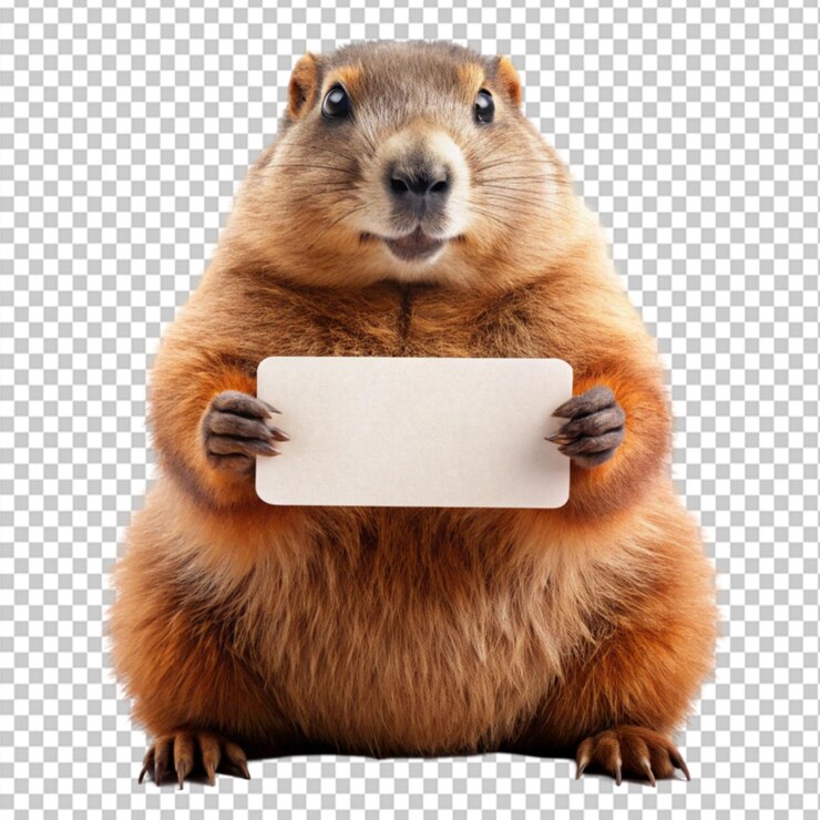 PSD marmota del día de la marmota sosteniendo una tarjeta sobre un fondo transparente