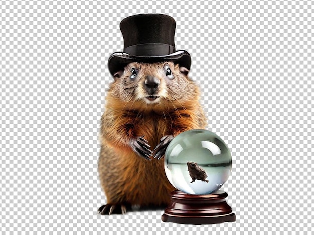 PSD une marmotte avec un chapeau haut et un globe de cristal