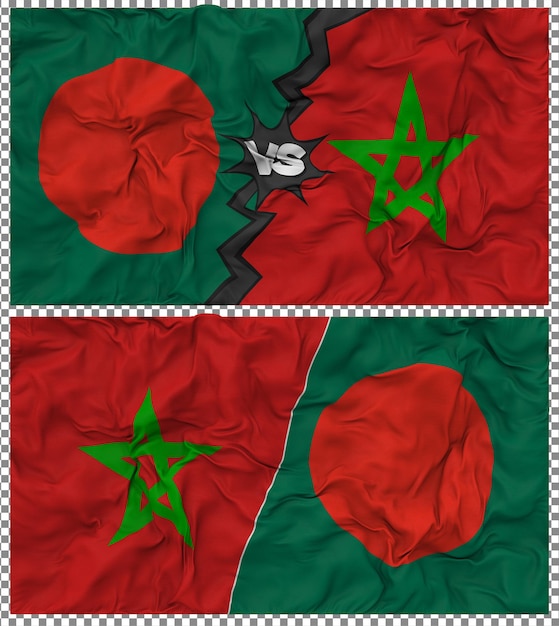 Marokko gegen Bangladesch Halbkombinierte Flagge Stoff-Bump-Textur 3D-Rendering