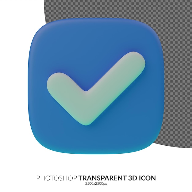 Marque el icono o símbolo verificado aprobado correcto en el fondo transparente de representación 3D