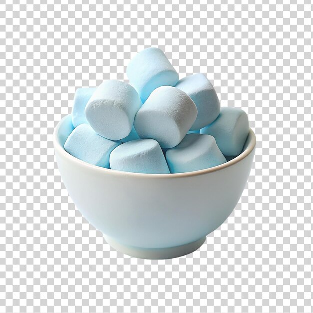 Marshmallows azules en un cuenco aislado sobre un fondo transparente