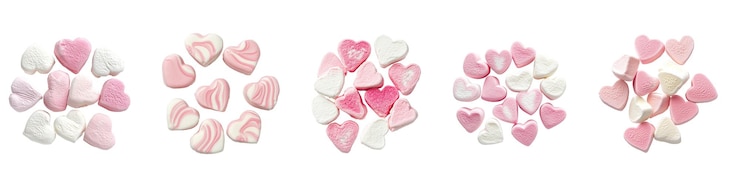 PSD marshmallows em forma de coração em rosa e branco